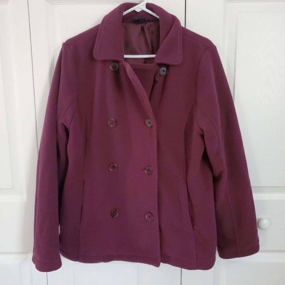 LAND'S END Fleece Double Breasted Pea Coat Plum Purple Women's Size XL